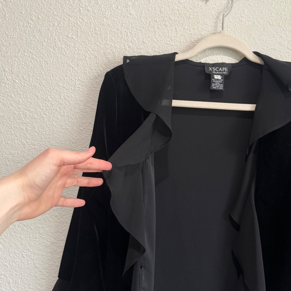 Y2K Xscape by Joanna Chen Black Velvet‎ Ruffle Chiffon Whimisgoth Cardigan L - Picture 5 of 11